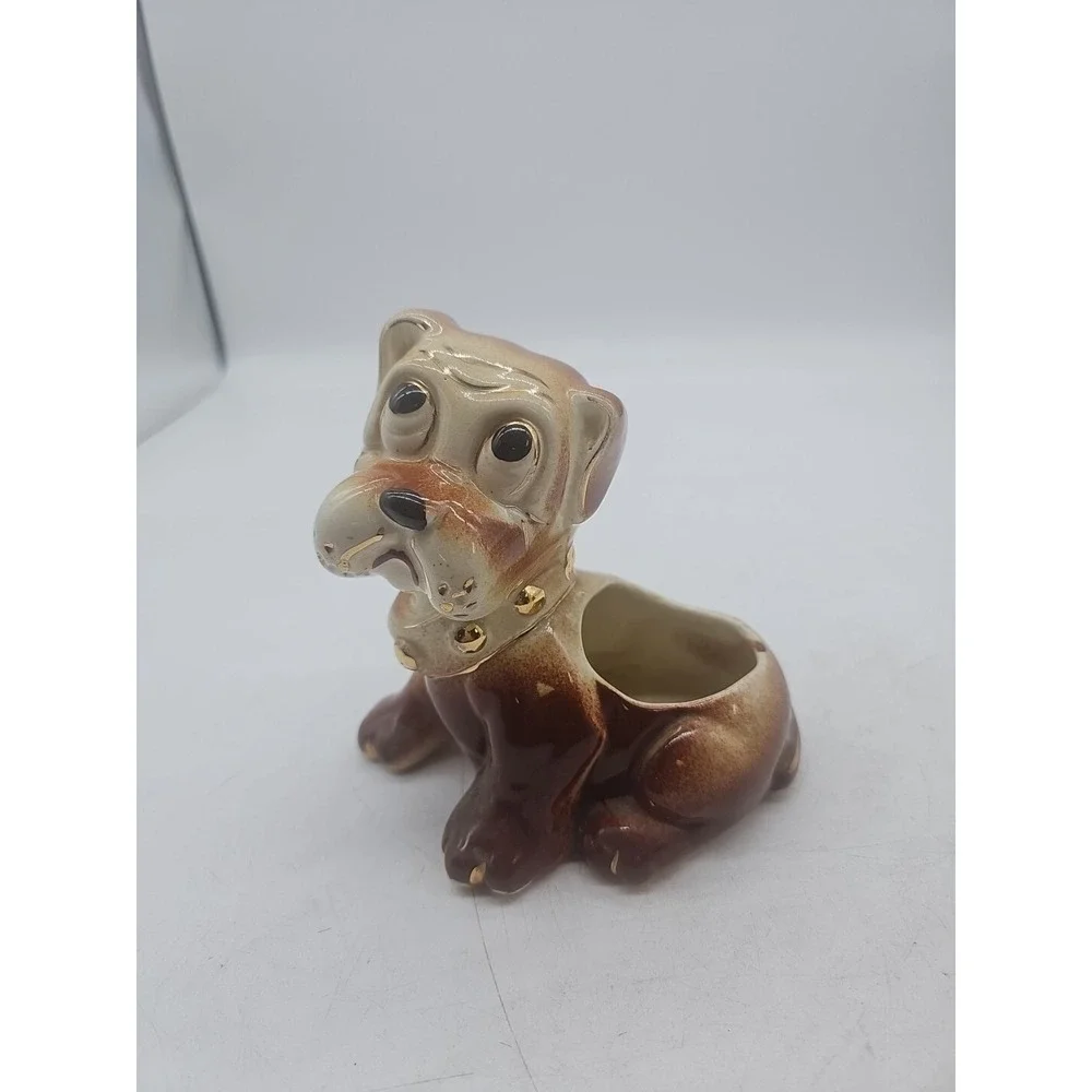 Vintage Ceramic Dog With Sad Eyes Planter Gold Collar Sad Eyes